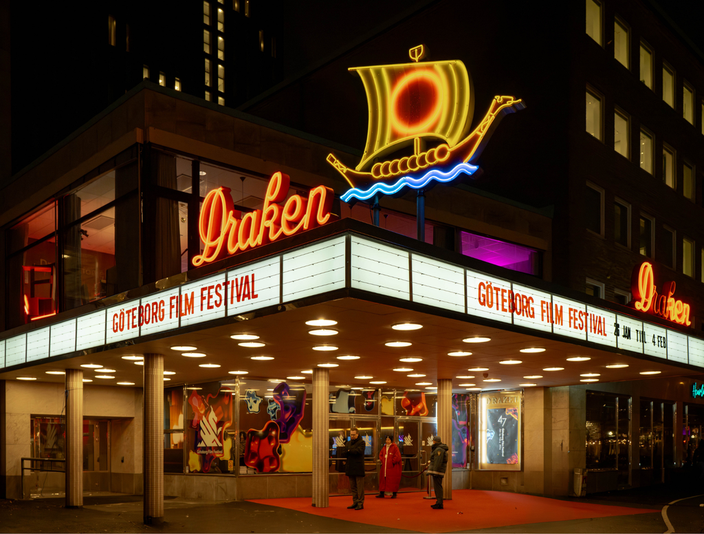 Draken cinema in the evenining with neon lights